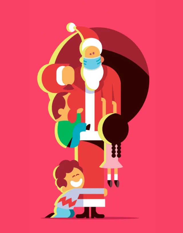 Children reaching up to Santa Claus in colorful illustration by Sebastian Iwohn