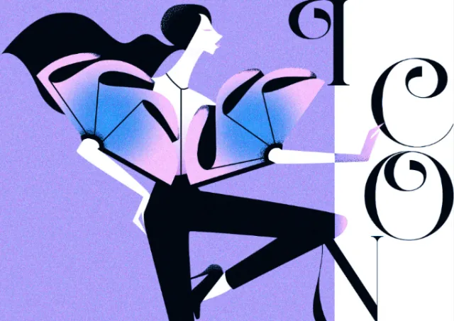 Geometric stylized woman leaning on sign by Yordanka Poleganova