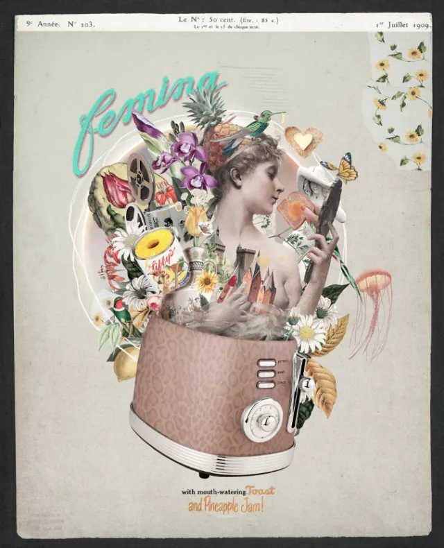 Surreal collage of woman and flowers in a toaster by Patrick Boyer