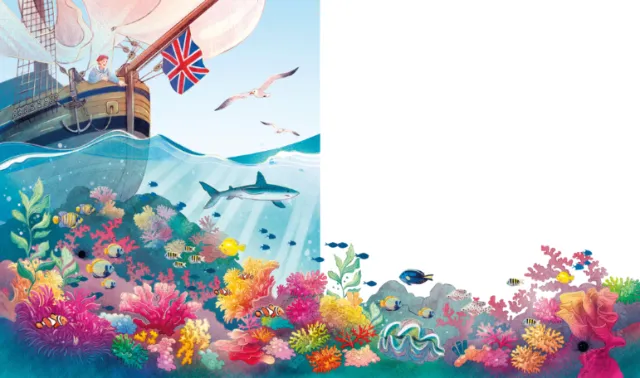 Colorful coral reef under sea with ship and seagulls above by Teresa Alberini