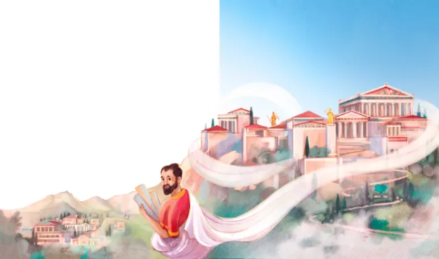 Illustration of an ancient Greek city and philosopher by Teresa Alberini