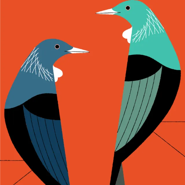 Minimalist stylized birds in blue and teal on orange background by Joseph Carrington