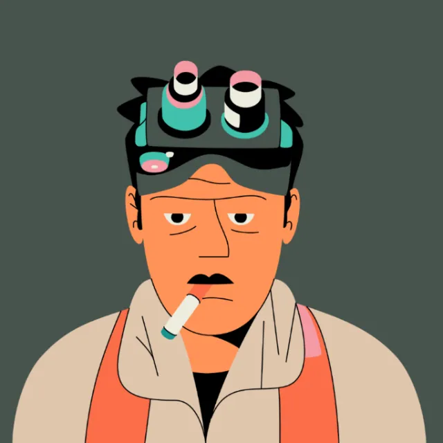 Illustration of a man with binoculars on head and cigarette by Joseph Carrington