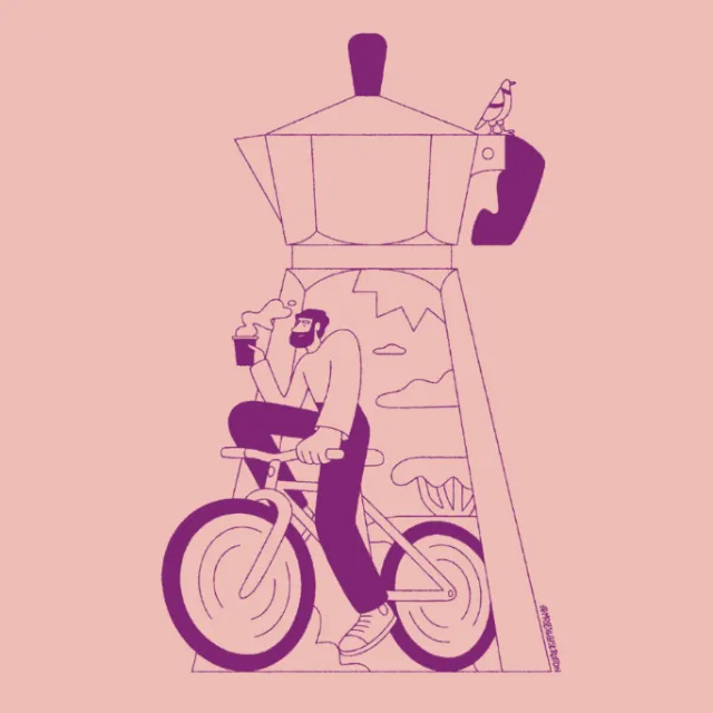 Drawing of man on bicycle drinking coffee near large coffee maker by Joseph Carrington