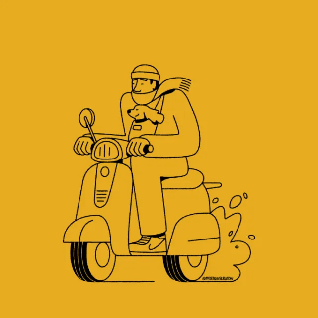 Man riding scooter holding a dog, illustration by Joseph Carrington