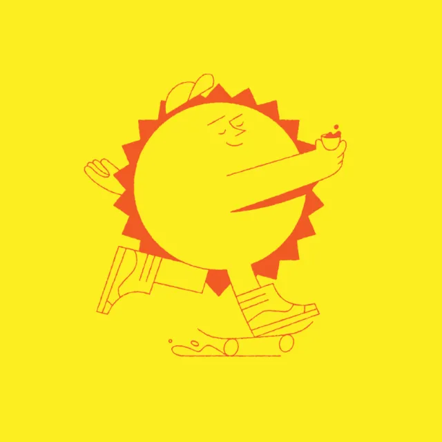 Skateboarding sun character with shoes on a yellow background by Joseph Carrington