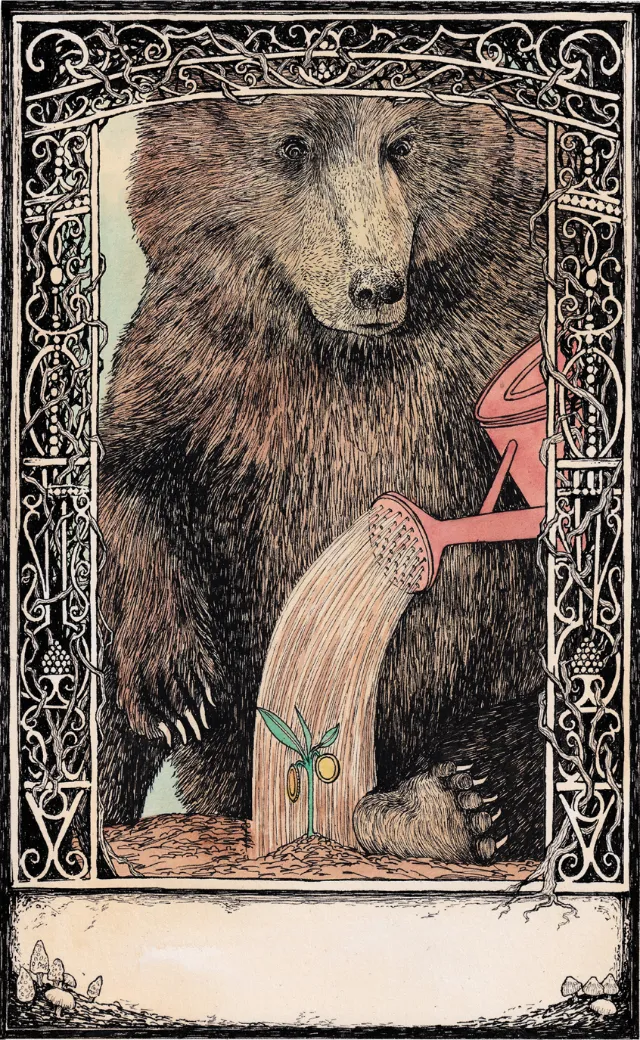 Illustration of a bear pouring water with a pink watering can by Rohan Eason
