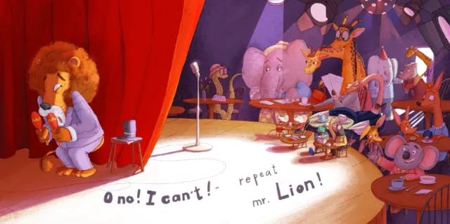 Colorful lion singing on stage with various animals watching, by Olga Popova