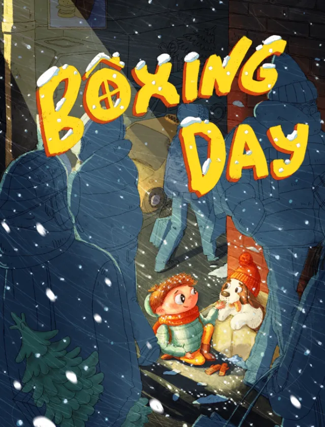 Boxing Day winter scene with child and dog by a lantern in snow by Olga Popova