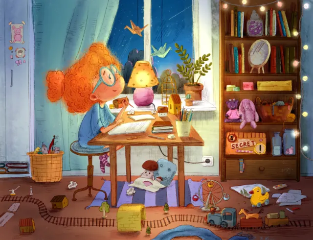 Child writing at desk with toys and books in room by Olga Popova
