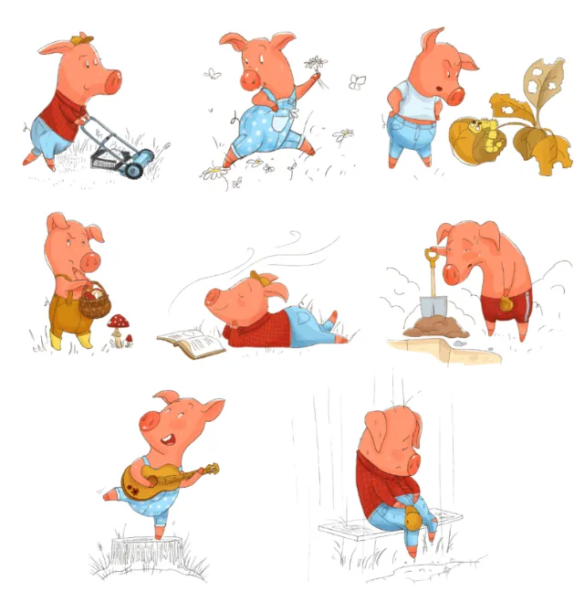 Cartoon pig character performing different activities by Olga Popova