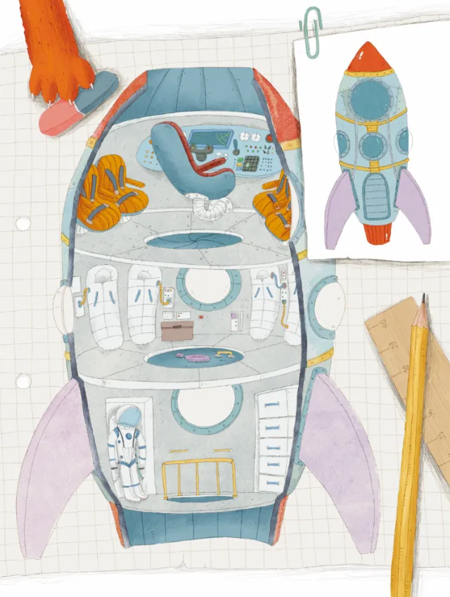 Cutaway view of rocket interior with astronaut seats and equipment by Olga Popova