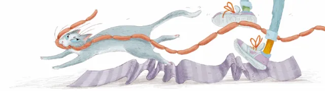 Running rabbit holding scissors and thread by Olga Popova