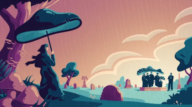 Illustration of woman holding umbrella in rainy landscape by Jacob Stead