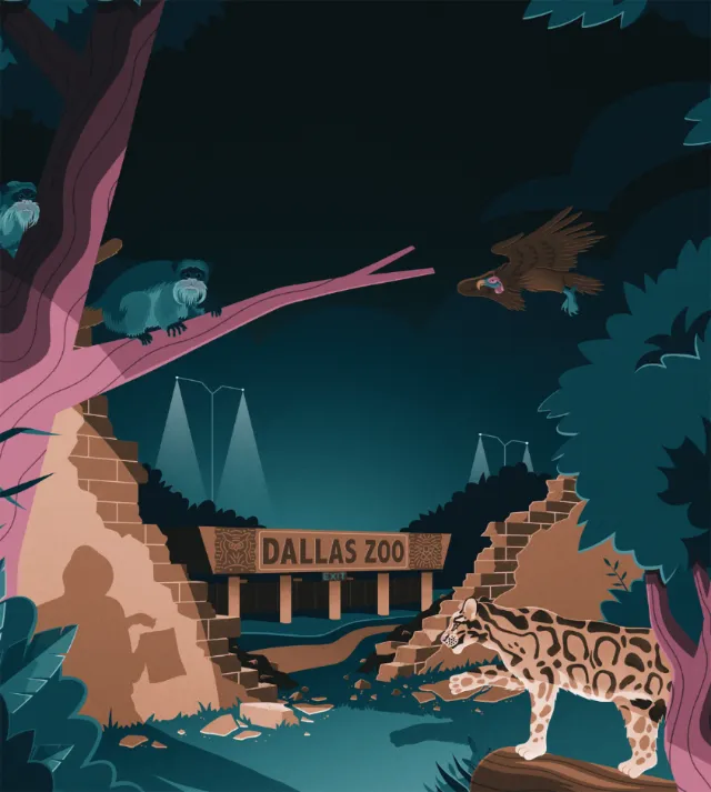 Dallas Zoo entrance at night with animals and forest by Jacob Stead