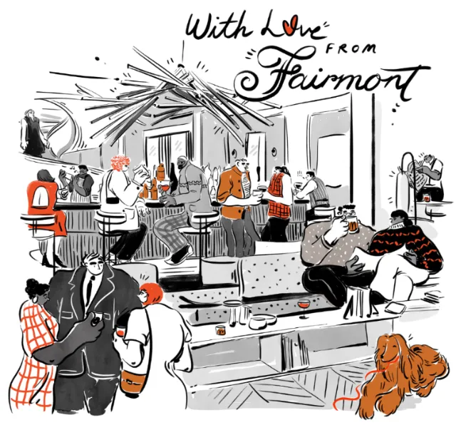 Illustration of a lively bar scene by Amber Day