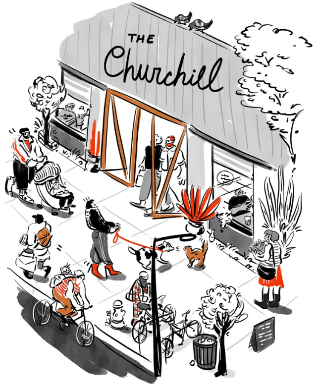 Illustration of street scene outside The Churchill cafe with people and dogs by Amber Day