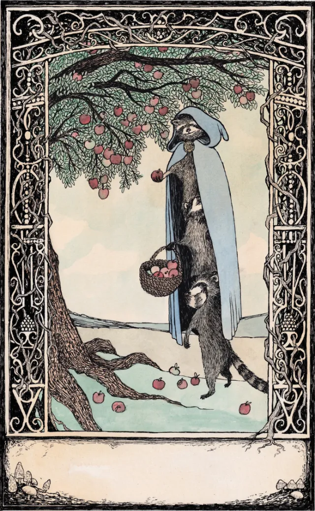 Woman in cloak with dog beneath an apple tree, illustration by Rohan Eason