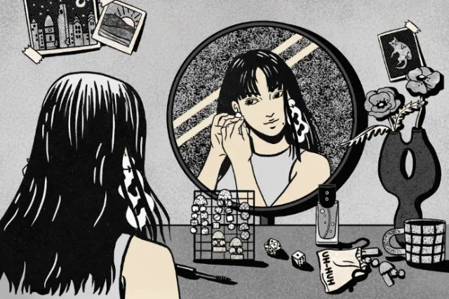 Woman with long hair sitting at a vanity mirror putting on earrings by Alison Kerry