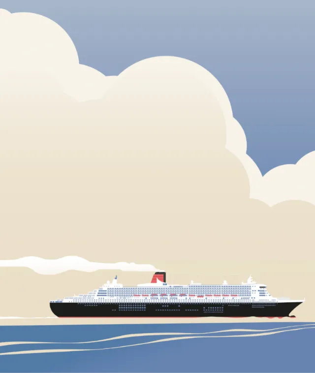 Ocean liner sailing on calm sea with cloudy sky by Tobias Wandres