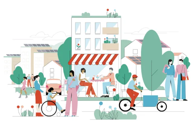 Illustration of diverse people in neighborhood outdoor scene by Tobias Wandres