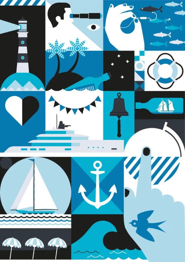 Nautical collage with marine life and symbols by Tobias Wandres