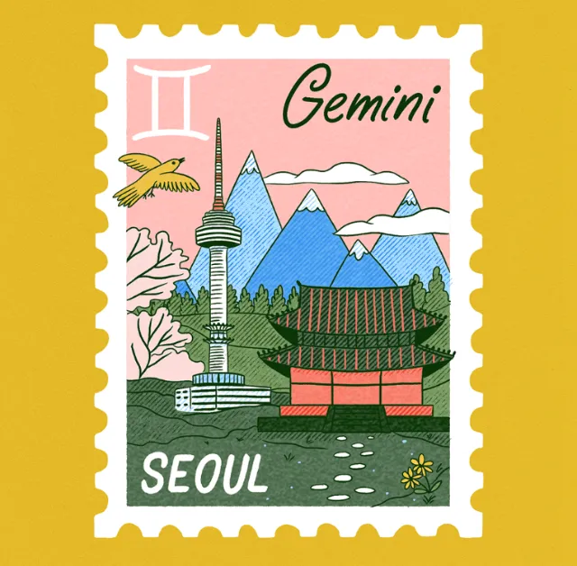 Illustration of Gemini zodiac stamp with Seoul landmark by Alison Kerry