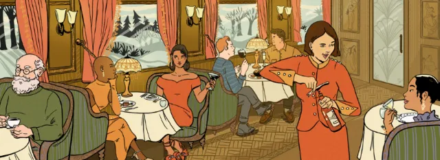 Passengers dining in elegant train car with snowy landscape outside by Alison Kerry