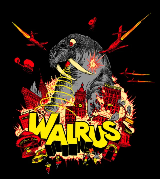 Comic artwork of giant walrus attacking city with planes and explosions by Carles Garcia O'Dowd