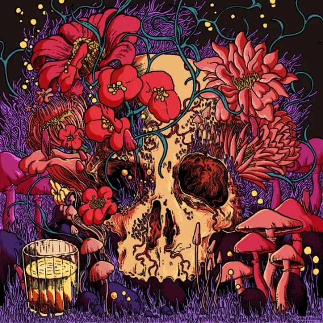 Colorful illustration of a skull surrounded by red flowers and a glass of drink by Carles Garcia O'D