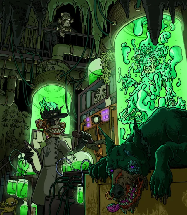 Mad scientist with mutant creature and monstrous beast in lab by Carles Garcia O'Dowd