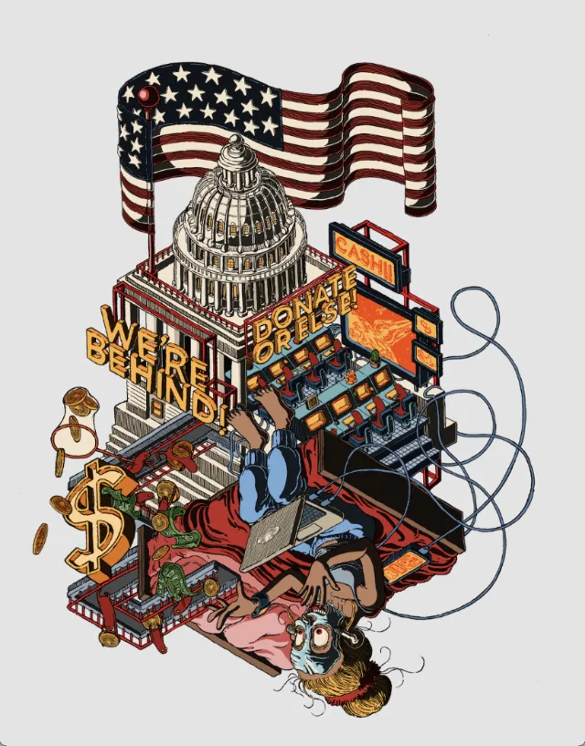 Illustration showing US Capitol as a slot machine with American flag, by Carles Garcia O'Dowd