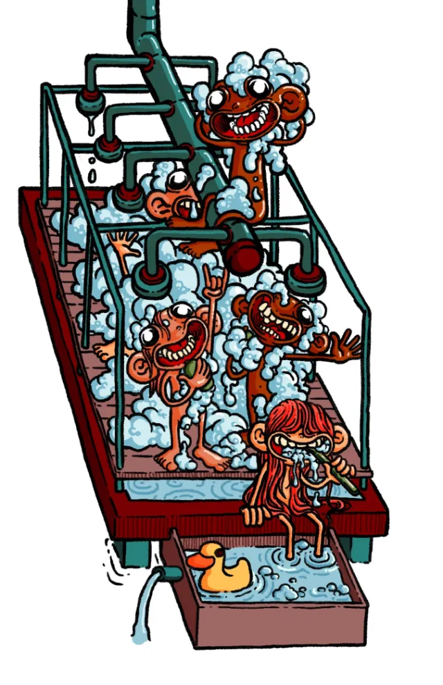 Cartoon characters showering with foam under pipes by Carles Garcia O'Dowd