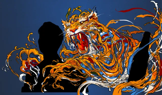Abstract tiger artwork with vibrant orange and blue swirls by Carles Garcia O'Dowd