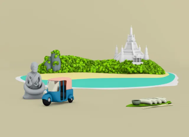 3D island scene with a temple, statue, tuk-tuk, and canoe by Mark Gmehling