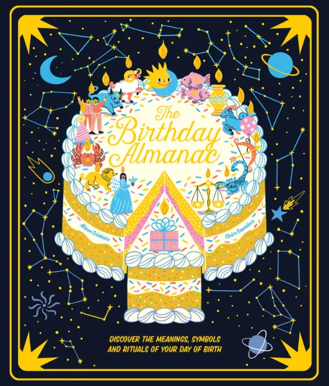 Illustrated birthday cake with zodiac symbols and celestial background by Alison Kerry
