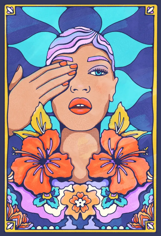A colorful portrait by Lively Scout of a woman with flowers and blue abstract shapes