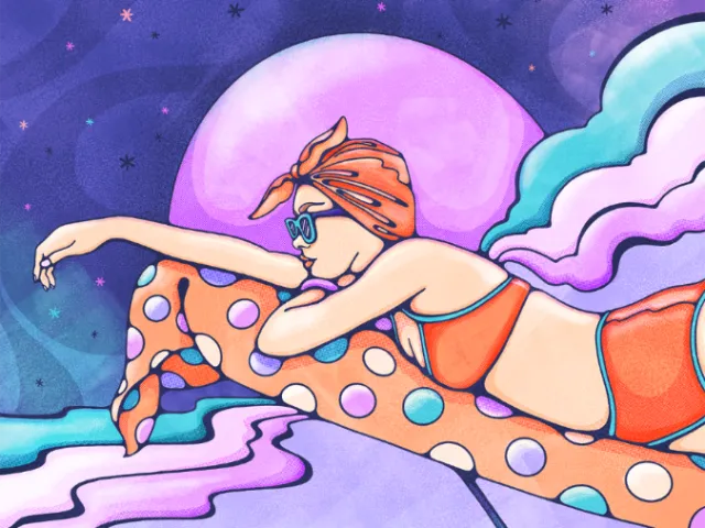 Woman in orange swimsuit on polka dot float with purple sky by Lively Scout