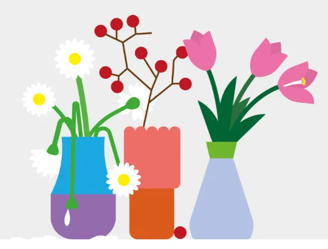 Colorful floral vases with flowers and berries illustration by Tobias Wandres