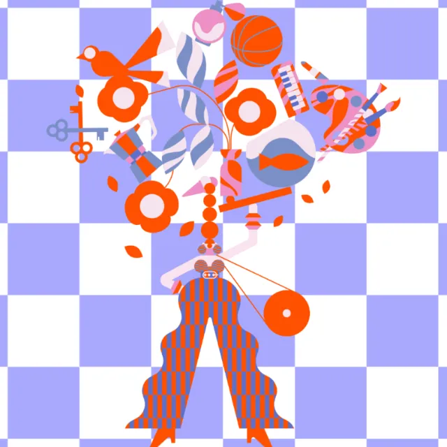 Abstract geometric shapes and figure on checkered background by Yordanka Poleganova