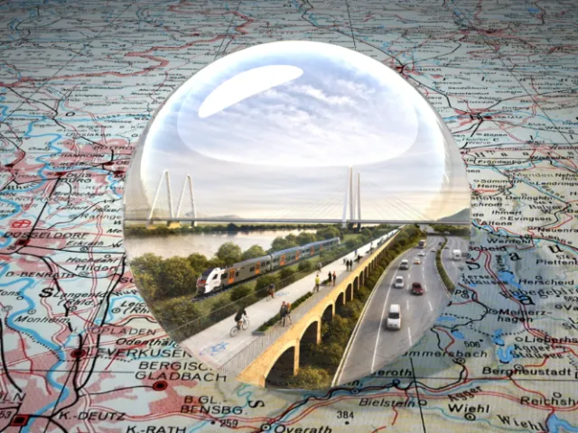 Train and bridge scene under transparent bubble on map by Oliver Hasselluhn