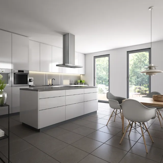 Bright modern kitchen interior with white cabinets and island by Oliver Hasselluhn