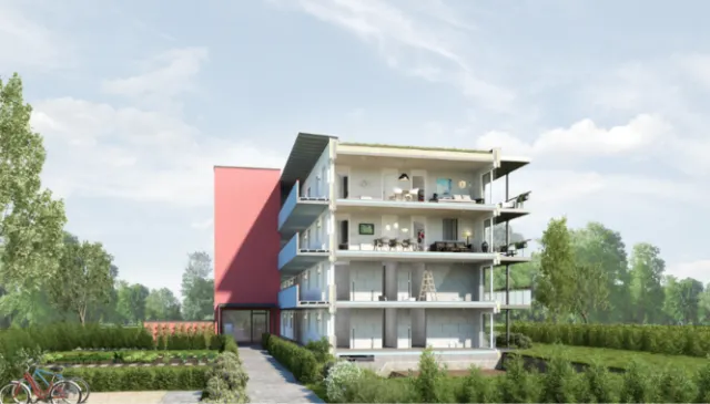 Modern multi-unit residential building with greenery and trees by Oliver Hasselluhn