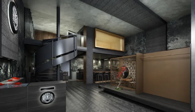 Modern industrial loft interior with spiral staircase and exposed brick by Oliver Hasselluhn