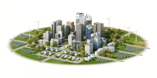 Illustration of a sustainable urban cityscape with wind turbines and solar panels by Oliver Hassellu