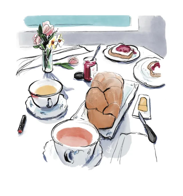 Cozy tea setting with bread, jam, two cups, and flowers by Briana Kranz