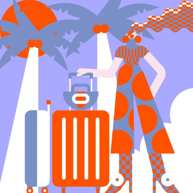 Geometric woman in patterned outfit with luggage by palm trees, artwork by Yordanka Poleganova