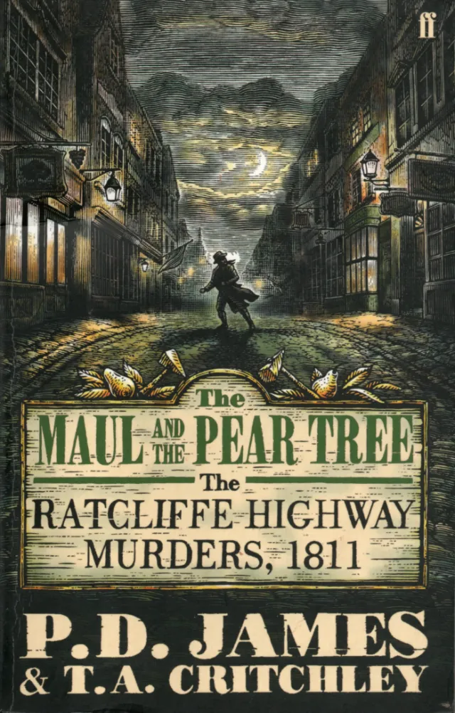 Dark street scene with man walking under cloudy sky on The Maul and The Pear Tree book cover by Caro