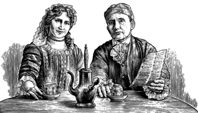 Victorian couple seated with tea pot and newspaper by Caroline Church