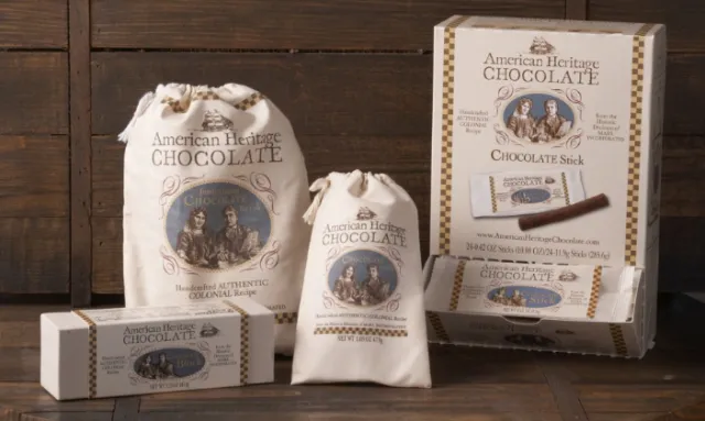 American Heritage Chocolate products with vintage packaging by Caroline Church